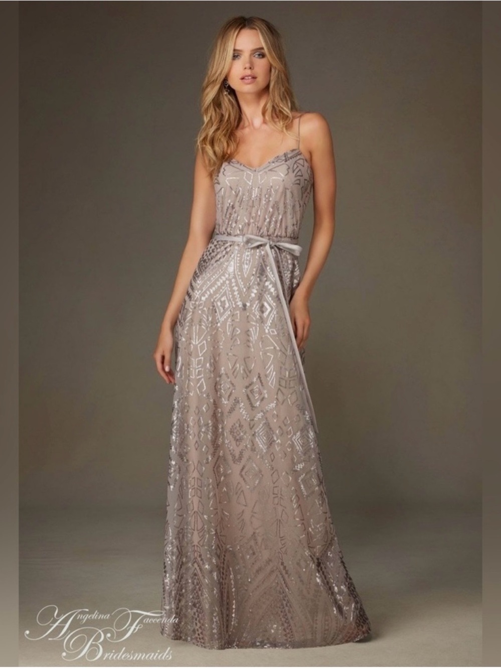 Angelina Taupe Beaded Spaghetti-Strap Maxi Dress Sz 16